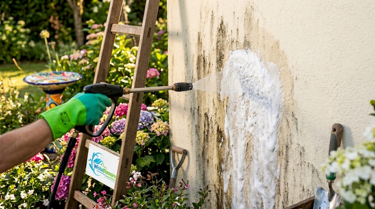 Spraying cleaning solution on stained stucco wall