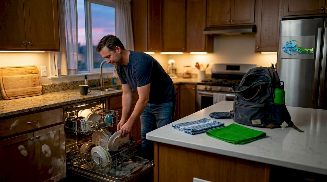 Man doing evening cleaning in home kitchen
