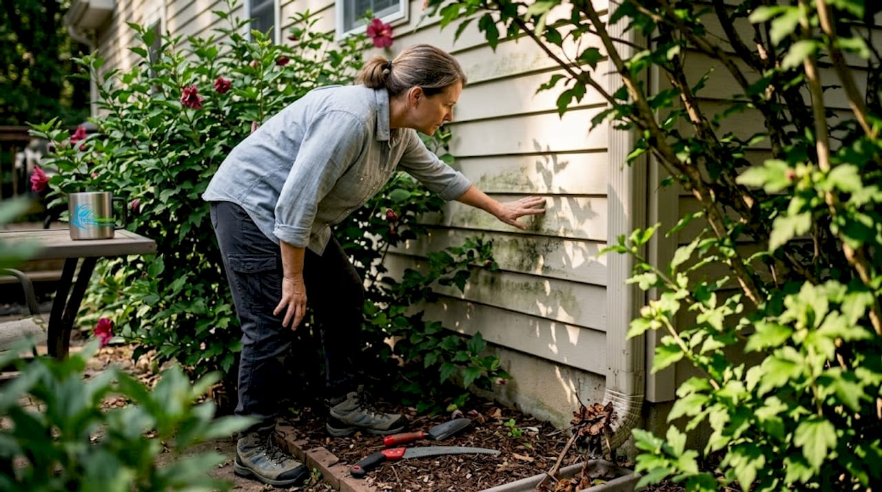 Homeowner inspecting siding behind thick shrubs