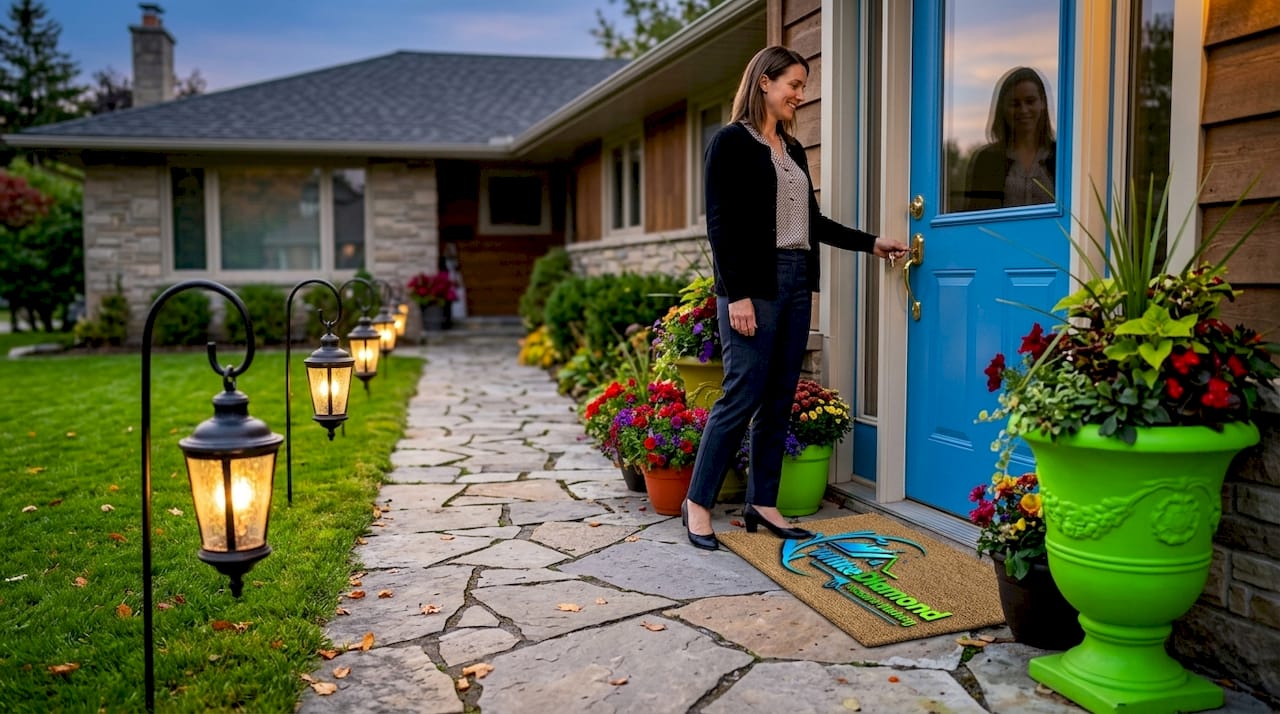 Real estate agent with well-lit home entrance