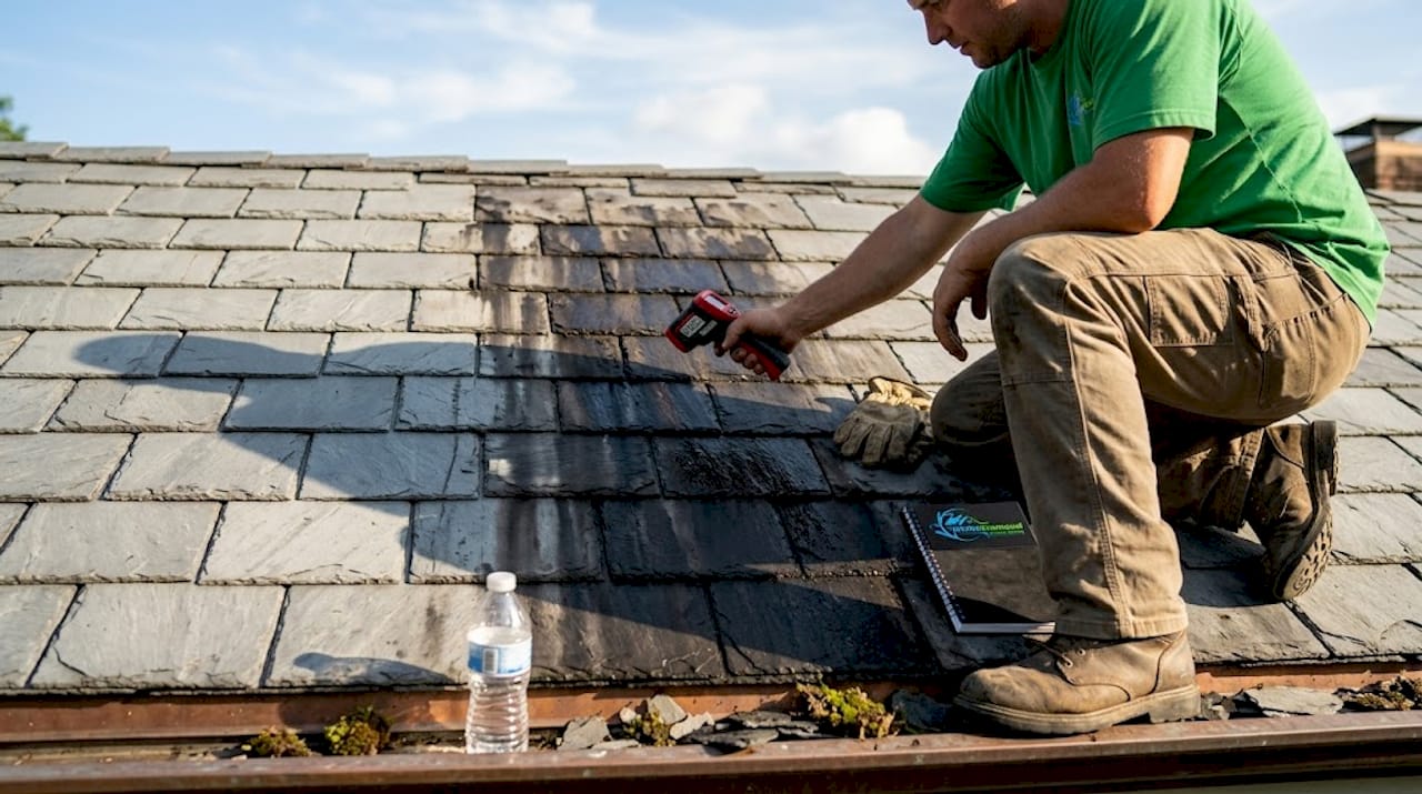 Roofer measuring algae heat on shingles