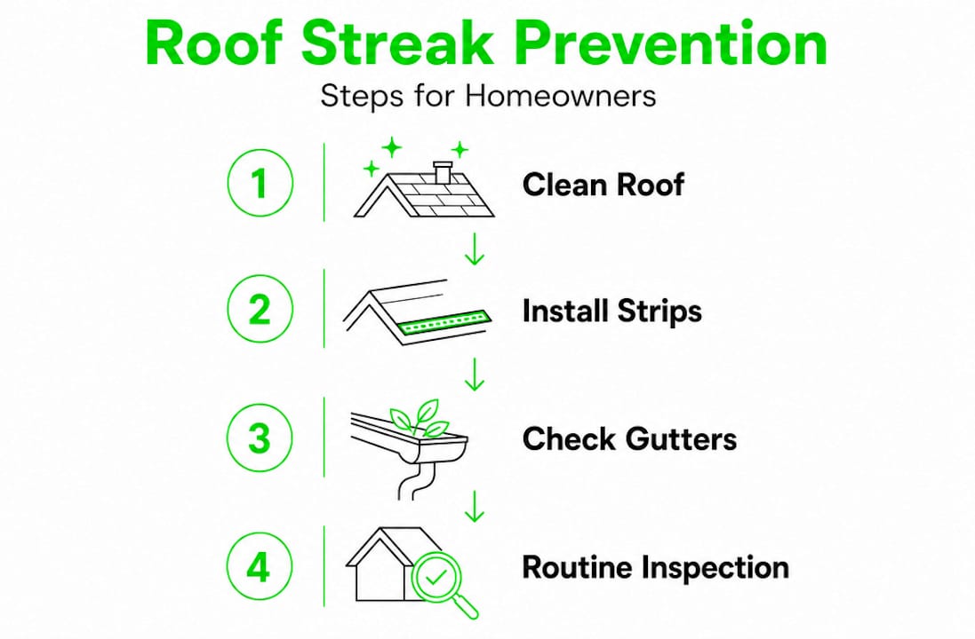 Infographic showing steps to prevent roof streaks