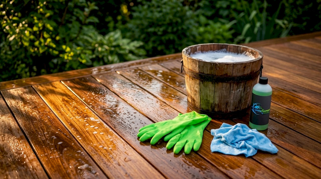 Close-up of deck with soft cleanser streaks
