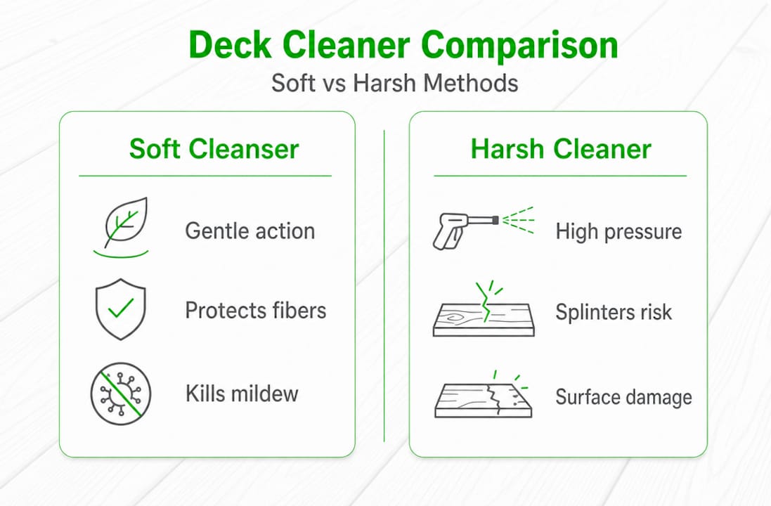 Infographic contrasts soft and harsh deck cleaners