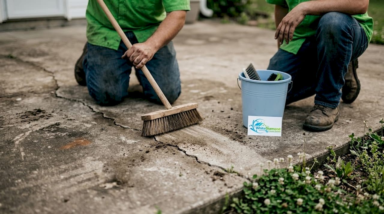 Worker cleaning outdoor concrete patio surface