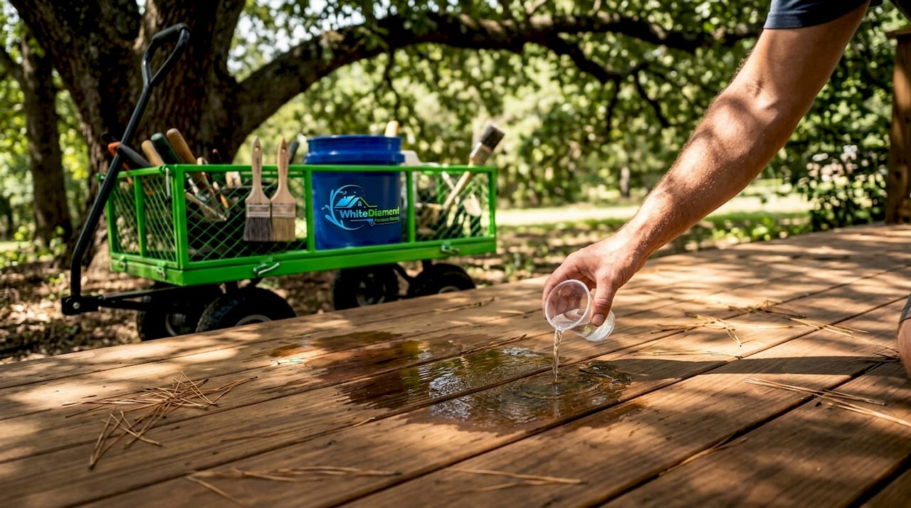 Testing patio dryness with water before sealing