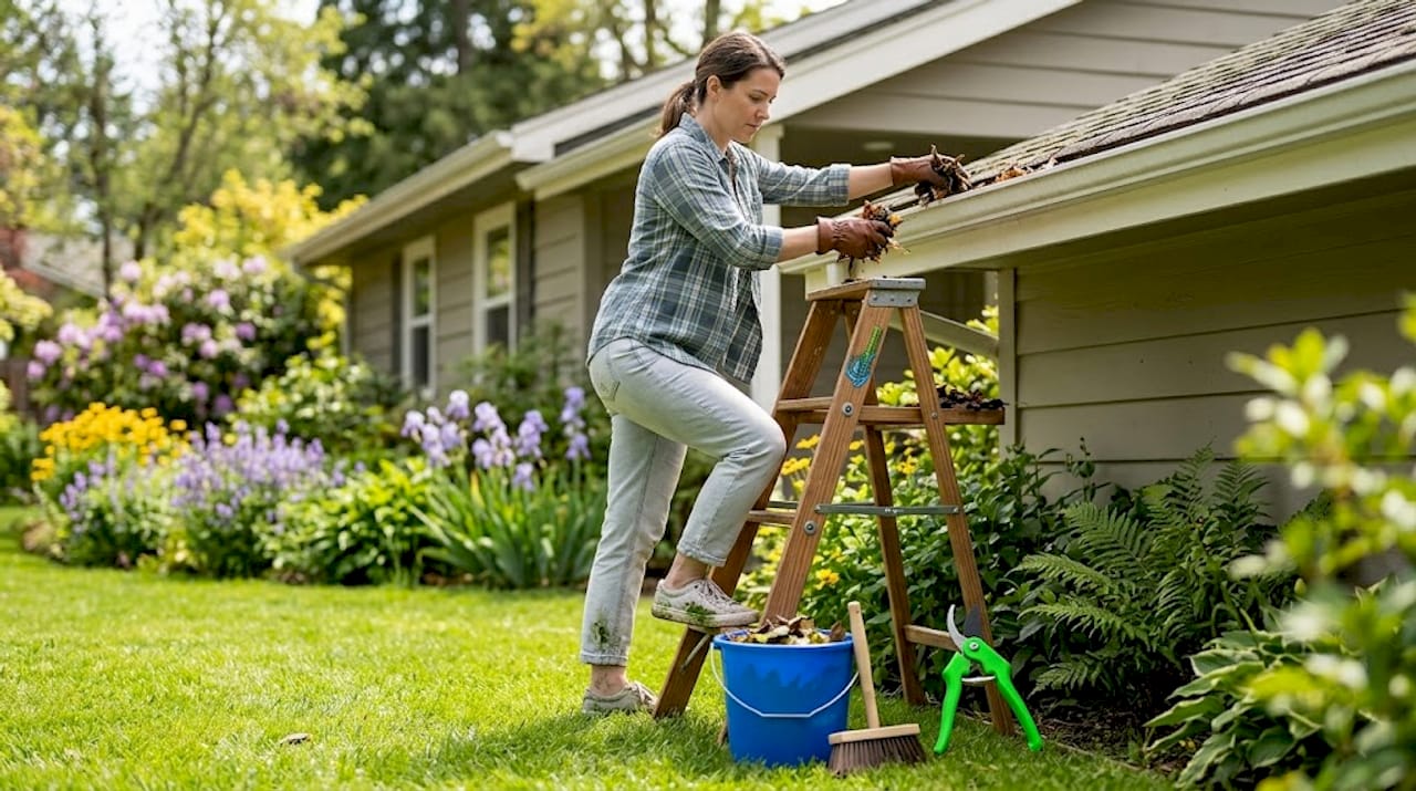 Woman cleaning house gutters in spring