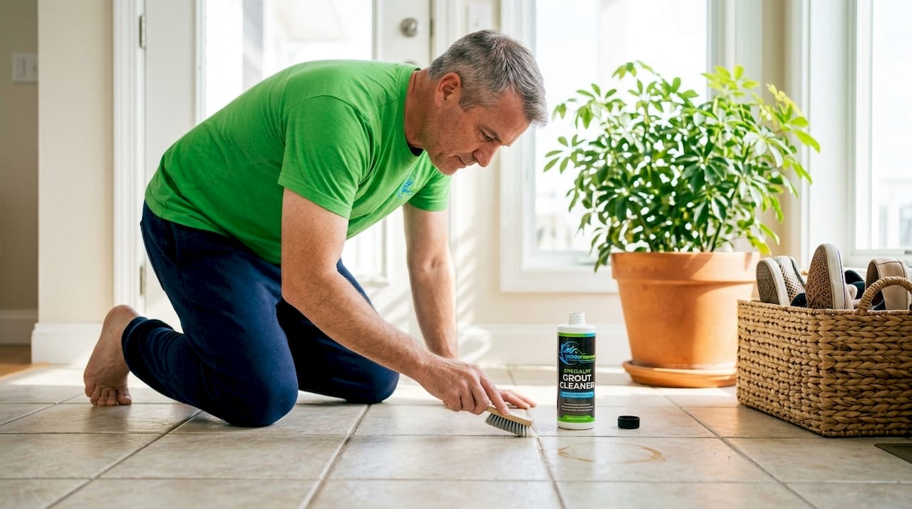 Man cleaning grout with specialty cleaner at home