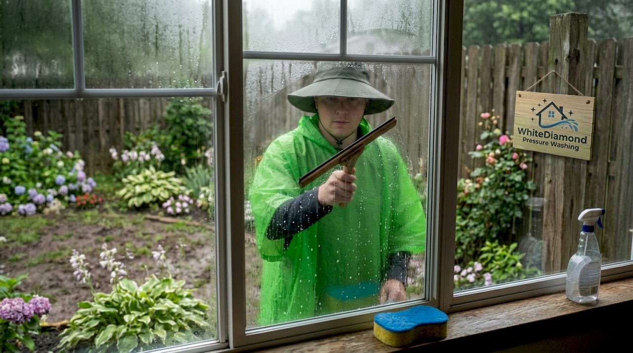 Window cleaning in rainy humid conditions