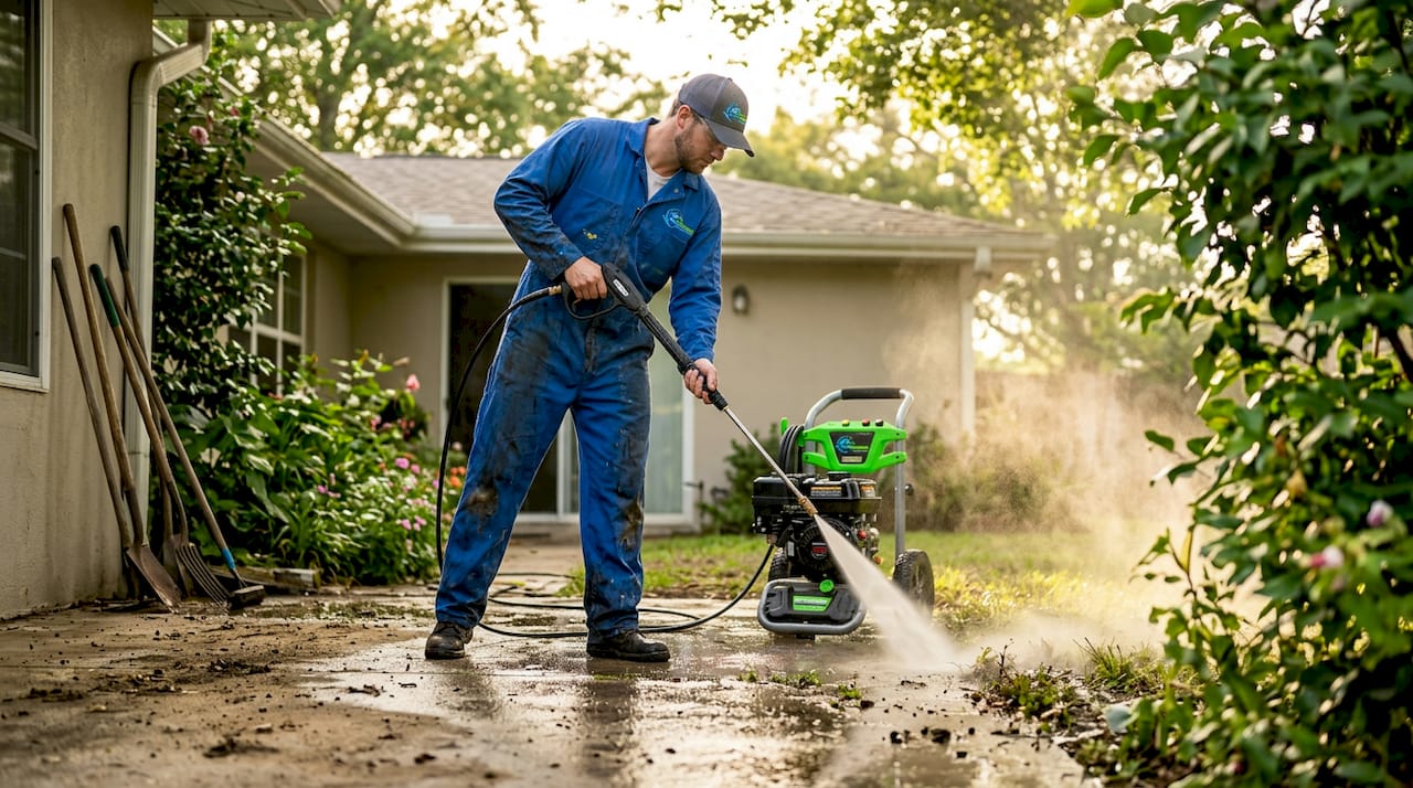 Professional pressure washing a concrete driveway