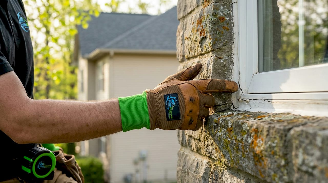 Hands inspecting window frame sealant cracks