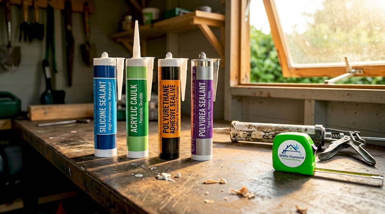 Four types of exterior sealant tubes on workbench