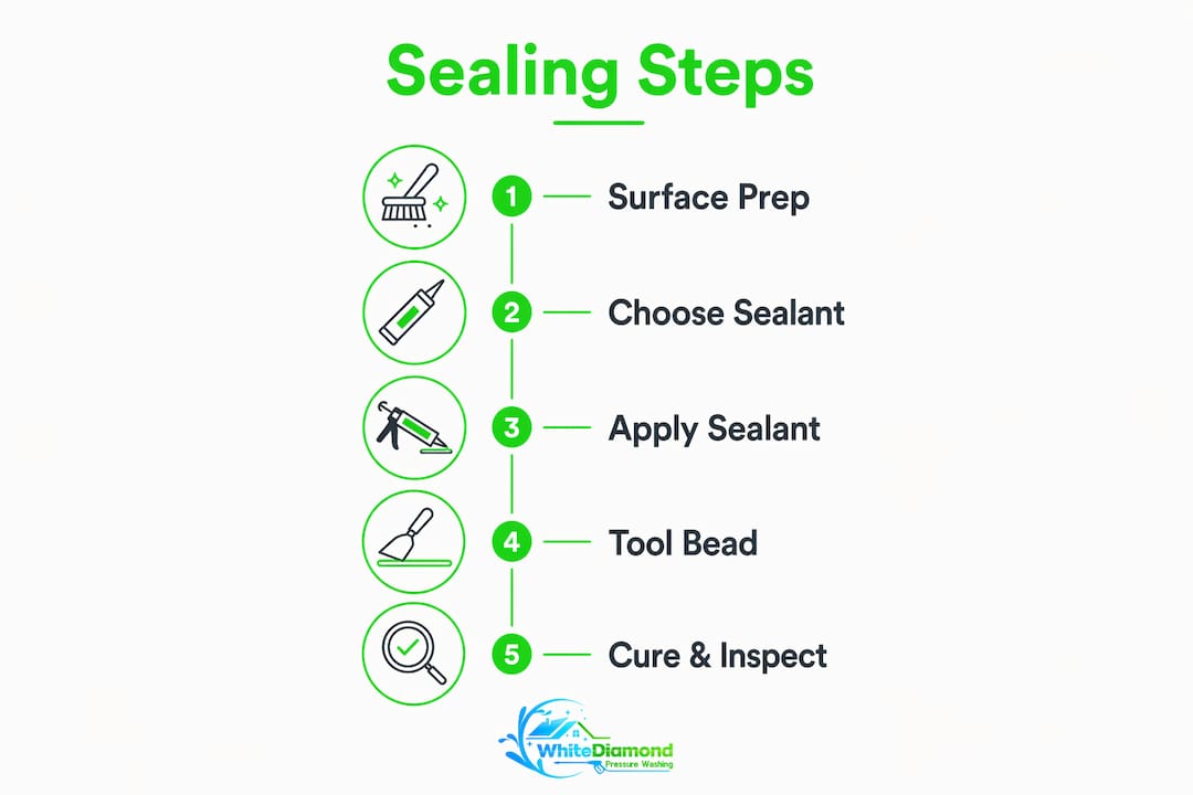 Infographic illustrating 5 key steps of exterior sealing process