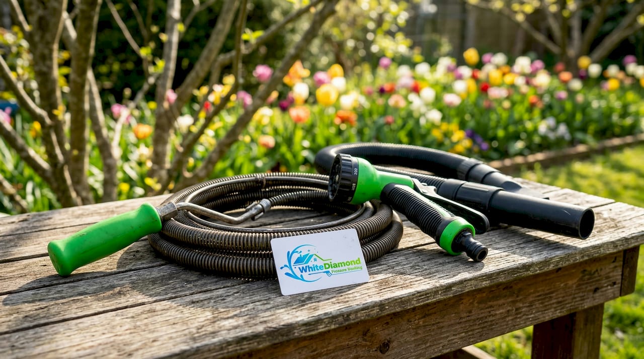 Downspout cleaning tools laid out outdoor