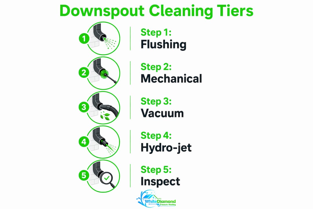 Infographic outlining downspout cleaning steps