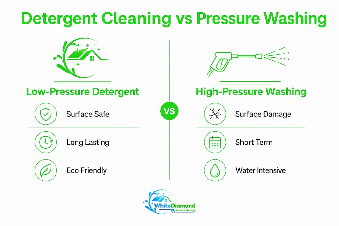 Infographic comparing detergent cleaning and pressure washing benefits