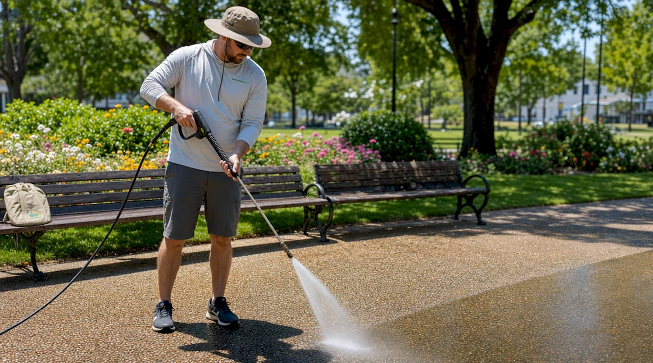 Man pressure washing stone walkway outdoors