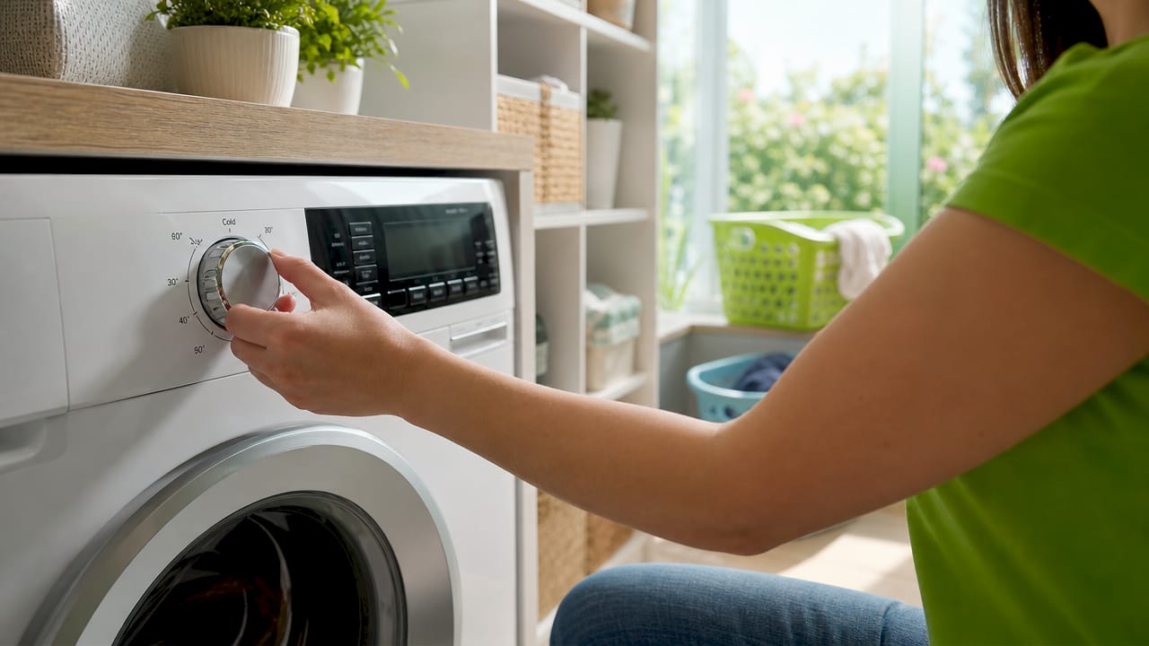 Hand adjusting washing machine temperature settings