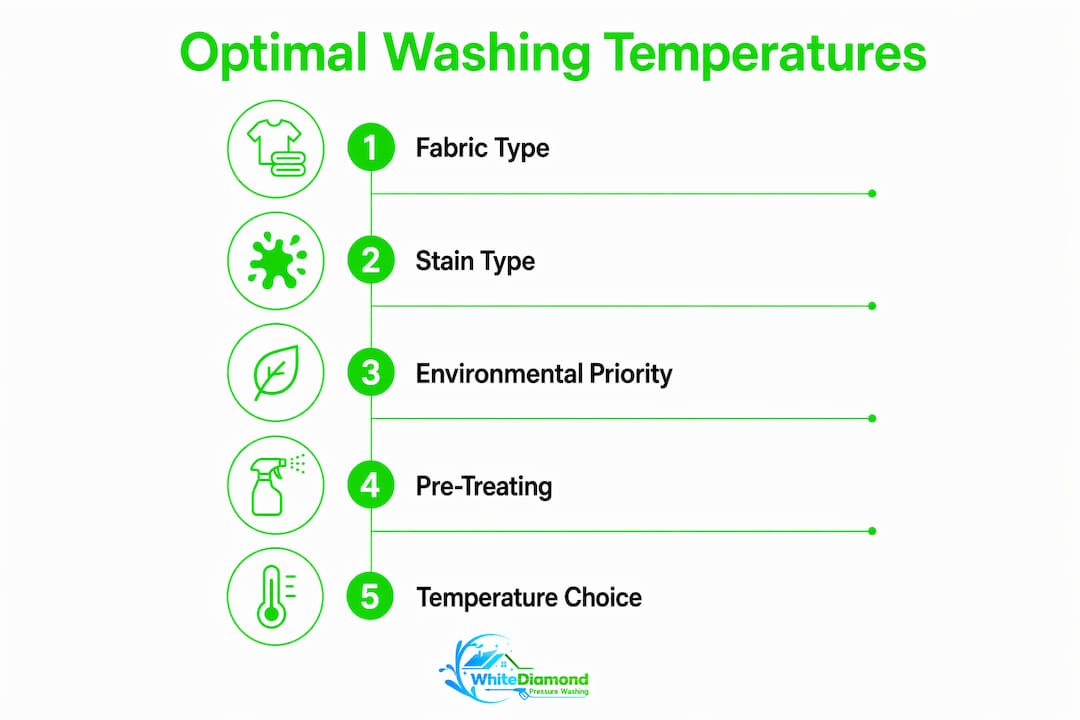 Infographic illustrating optimal washing temperature choices by fabric, stain, environment, and pre-treatment