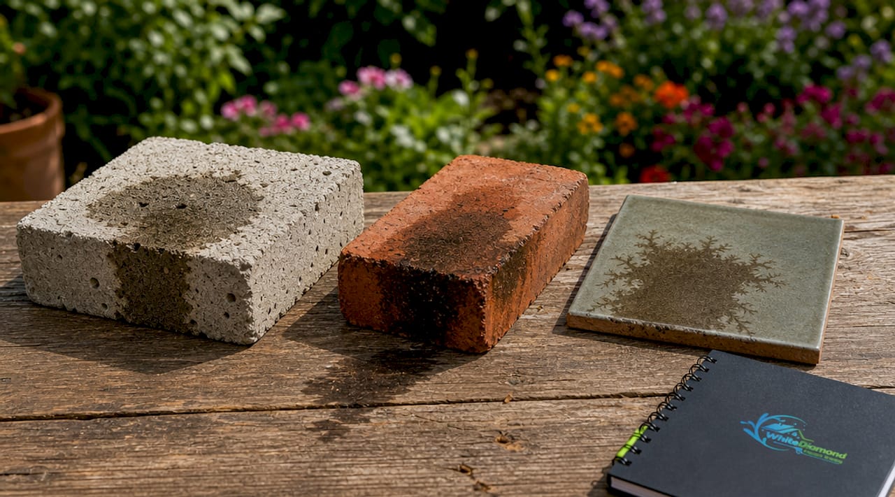 Close-up porous materials with fluid penetration stains