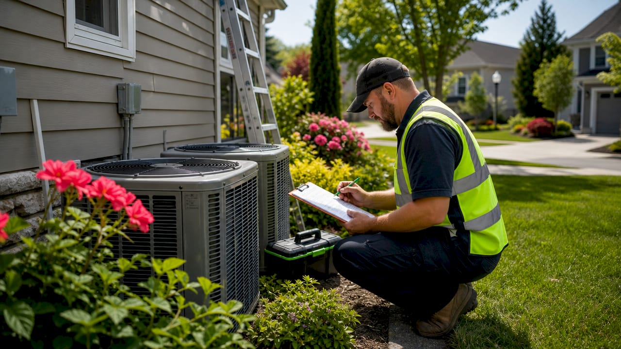 Worker inspecting HVAC unit with checklist