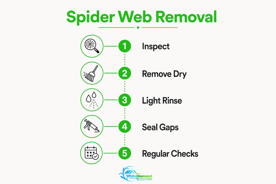 Infographic showing safe spider web removal steps