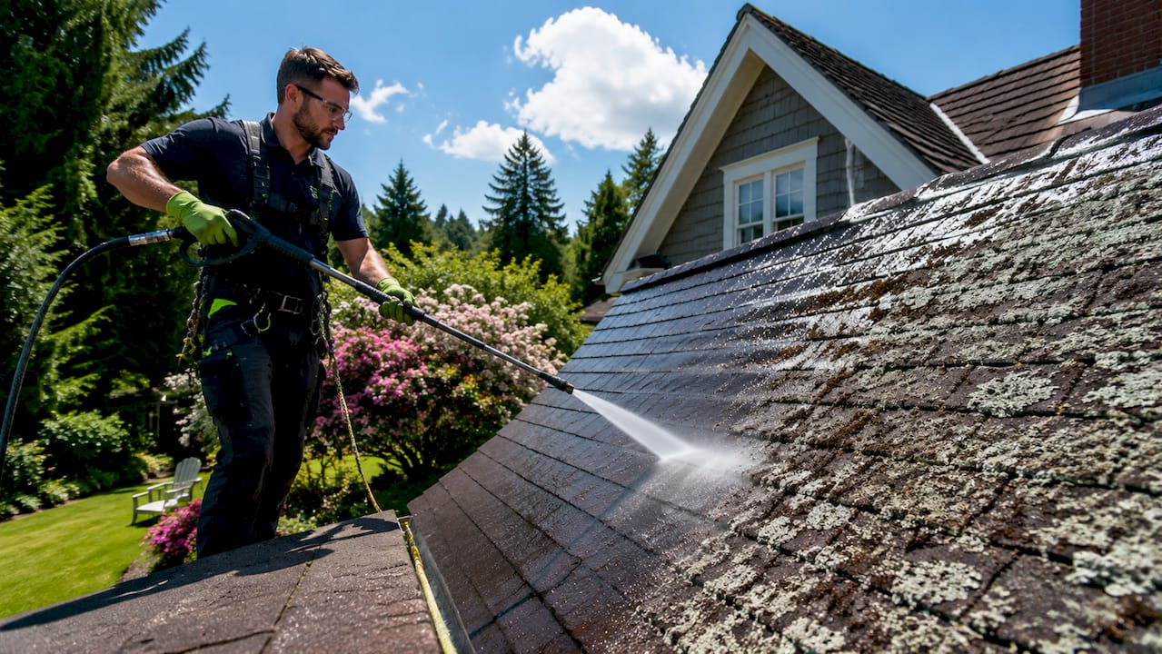 Professional performing soft wash on residential roof