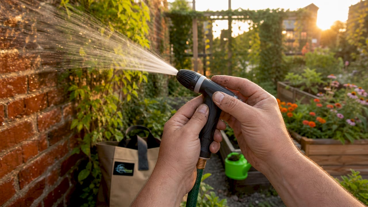 Hands adjusting garden hose nozzle for rinsing