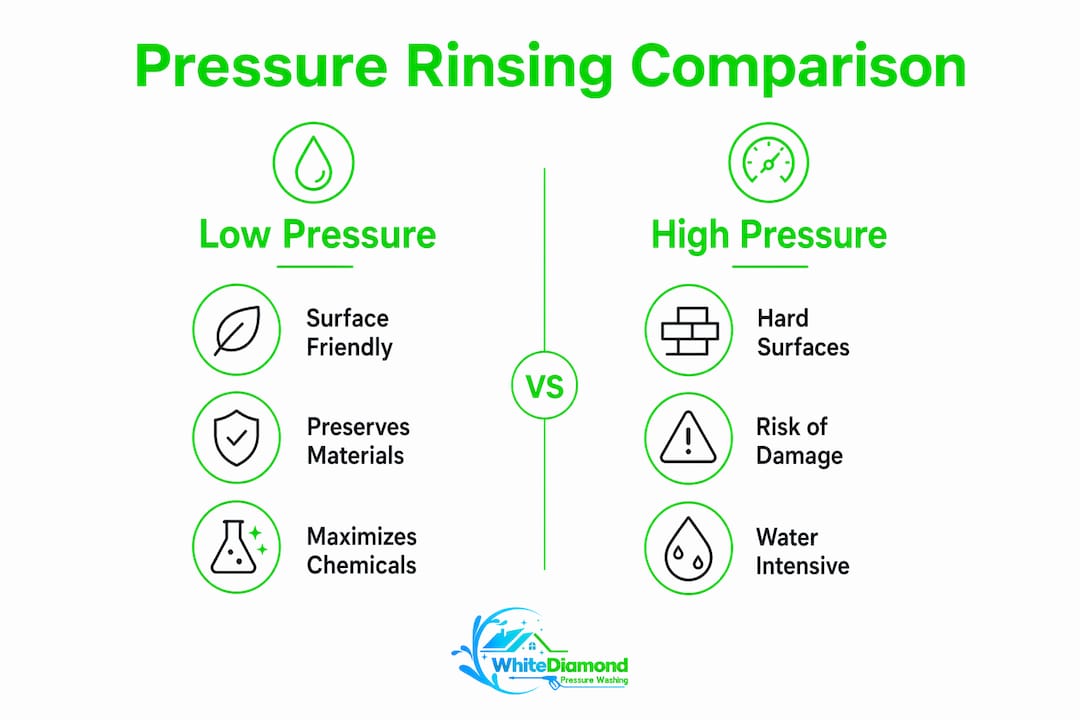 Infographic comparing low-pressure and high-pressure rinsing in exterior cleaning