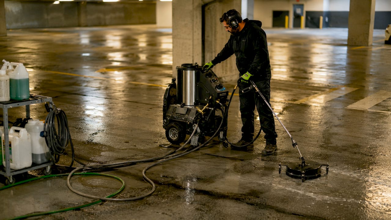 Operator using pressure washer in parking garage
