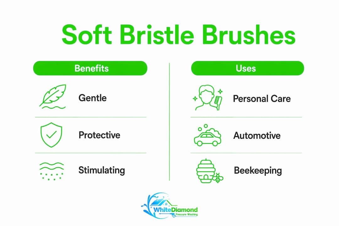Infographic comparing benefits and uses of soft bristle brushes