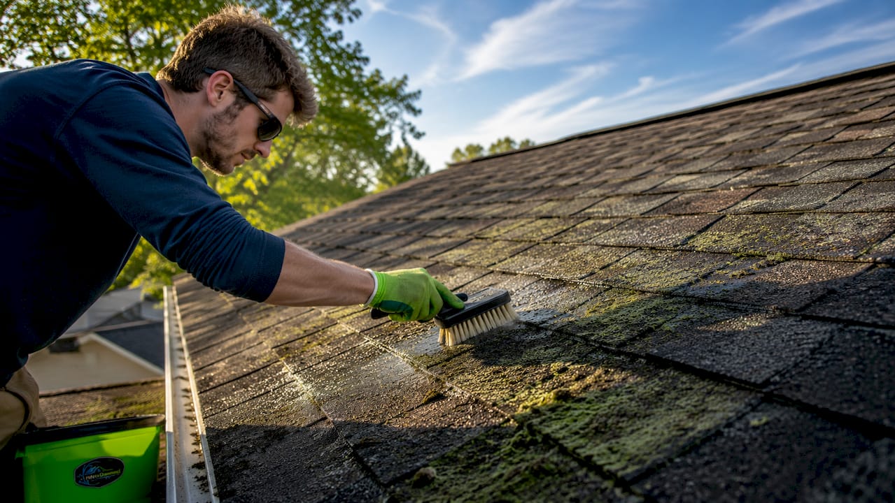 Algae growth on asphalt roof shingles with brush cleaning