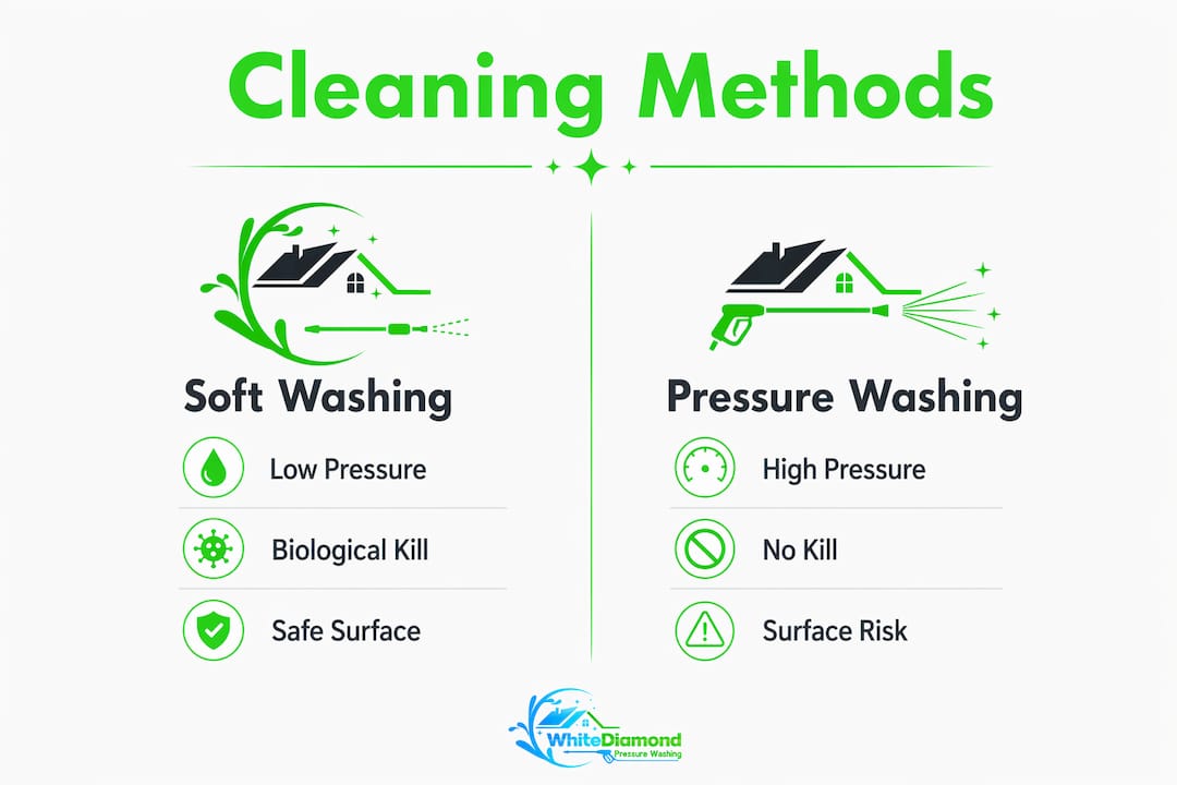Infographic comparing soft washing versus pressure washing