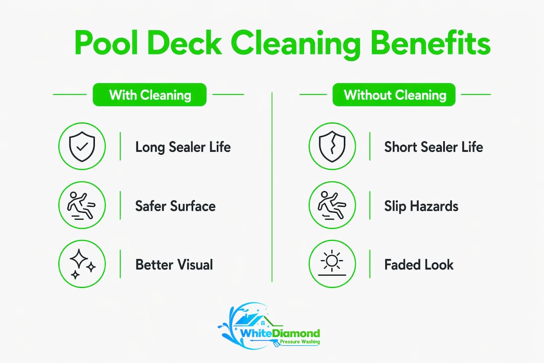 Infographic comparing pool deck conditions with and without cleaning