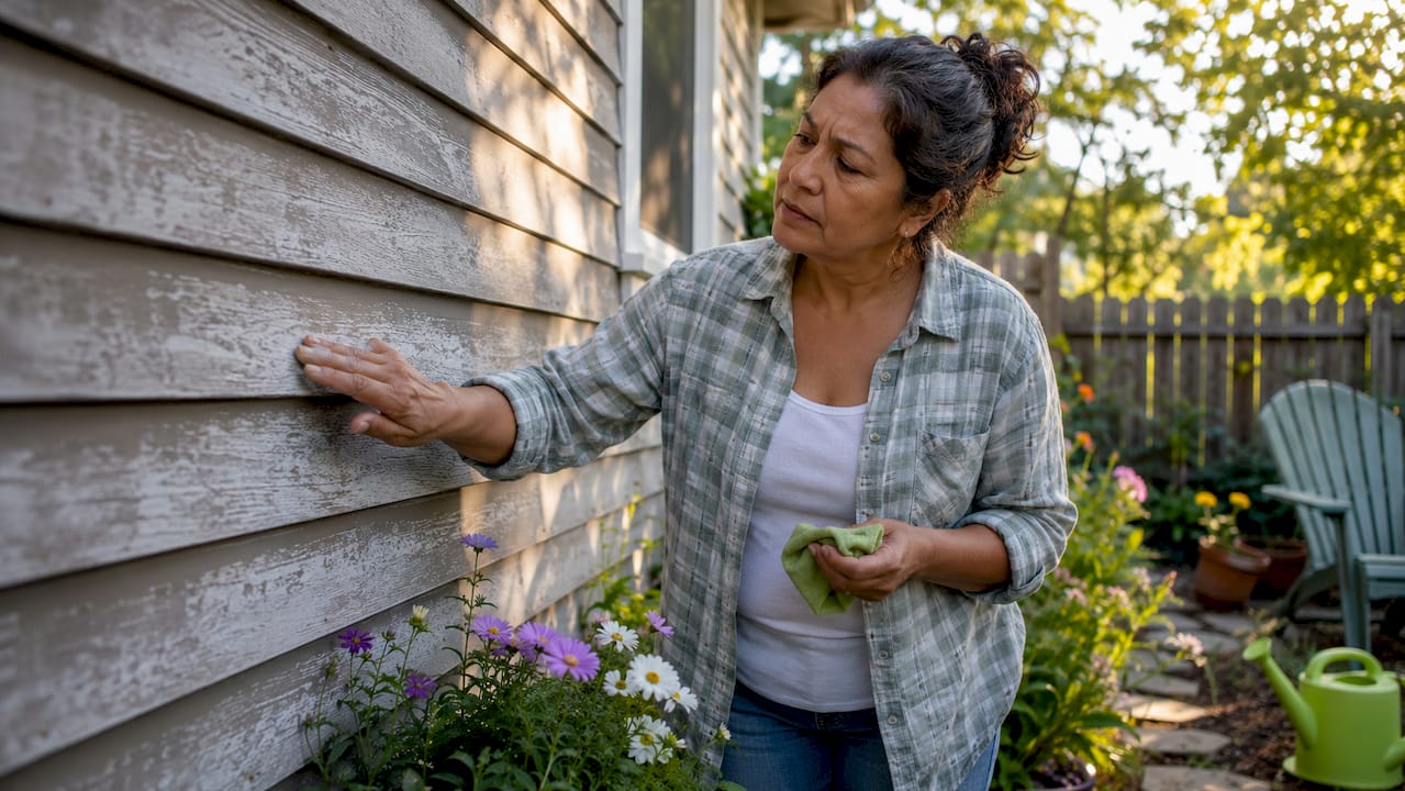 Homeowner performing oxidation test on siding