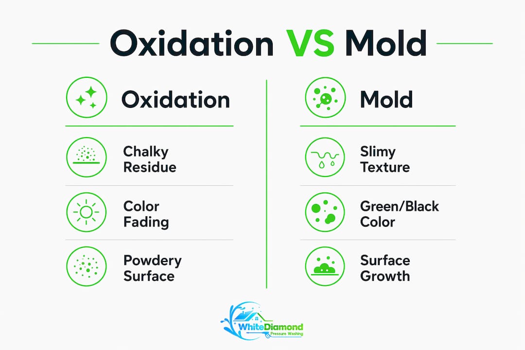 Infographic comparing oxidation and mold on siding