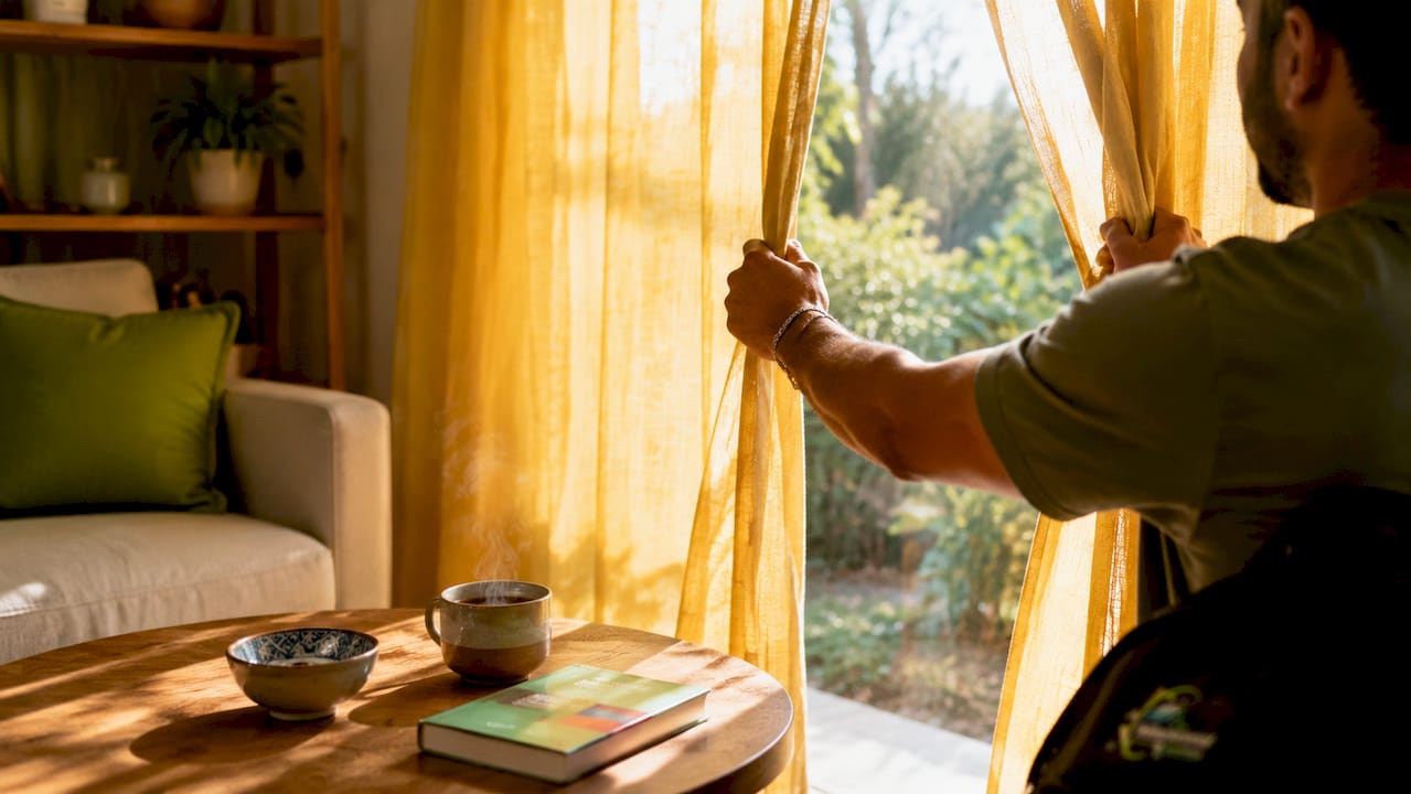 Hands opening blinds to reveal dusty kitchen surface