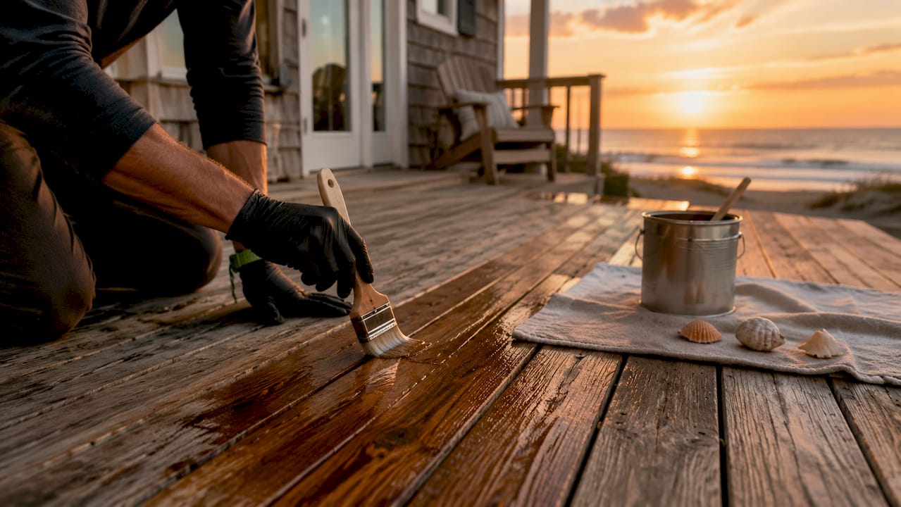 Hands sealing brick paver walkway outdoors