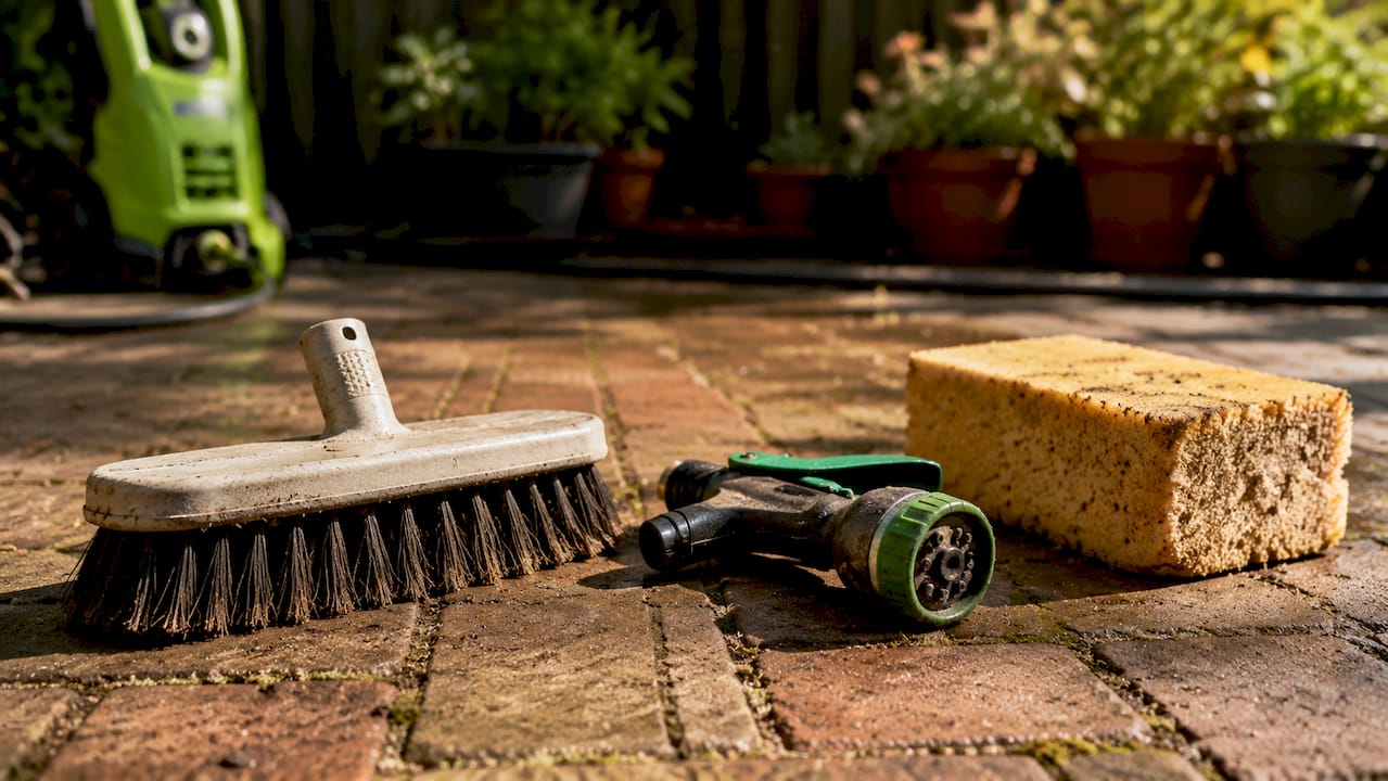 Close-up of masonry cleaning tools on concrete