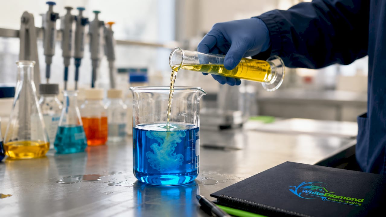 Close-up glassware mixing chemicals for neutralization