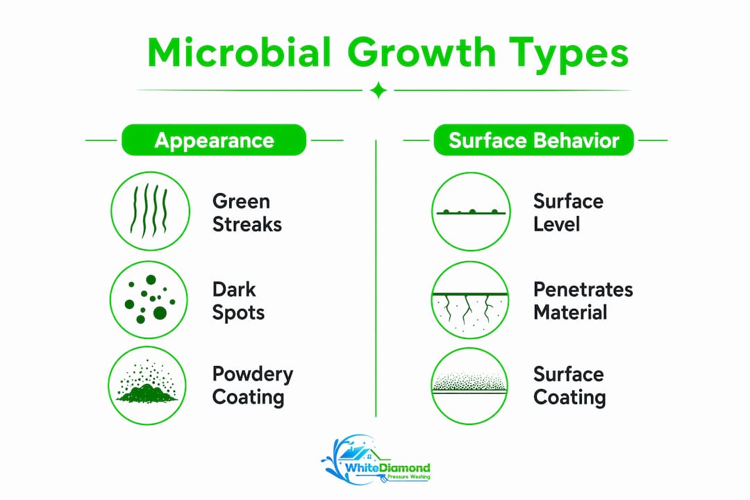 Infographic showing types of microbial growth on siding