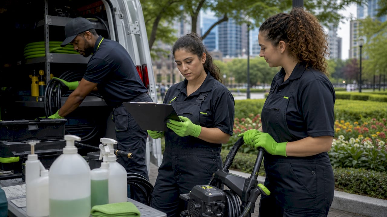 Cleaning team preparing equipment outside property