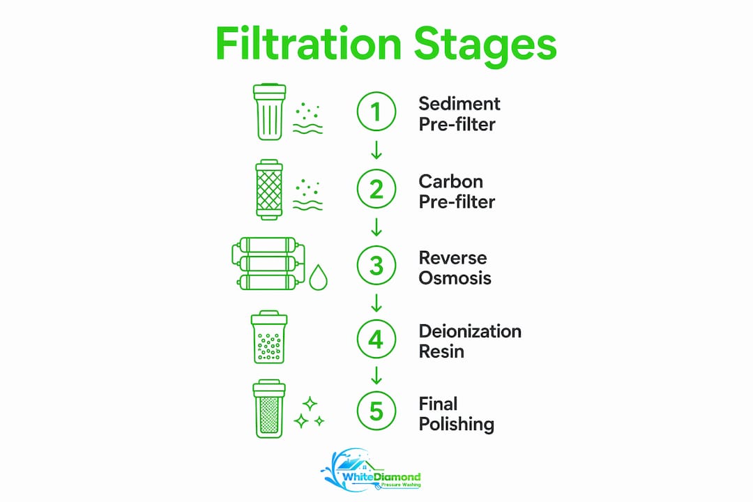 Infographic illustrating filtration stages in water-fed cleaning