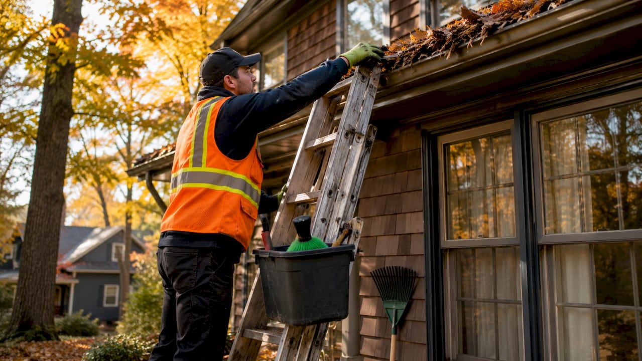 Worker cleaning gutters on ladder outdoors