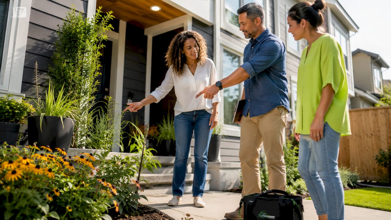 Residents discussing security at clean exterior home