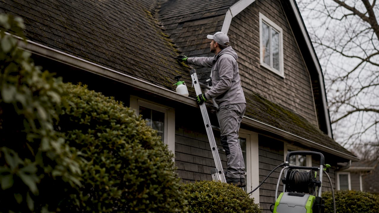 Technician inspecting roof surface for cleaning