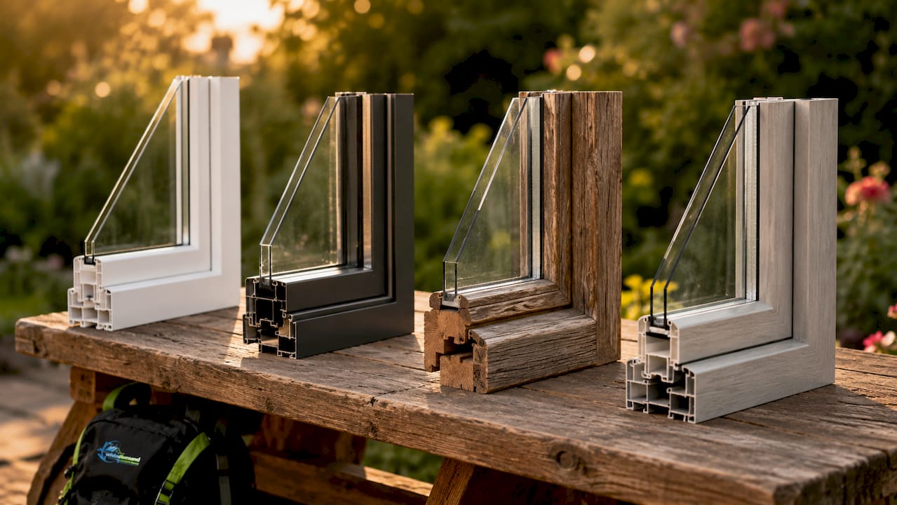 Close-up of various window frame materials outdoors