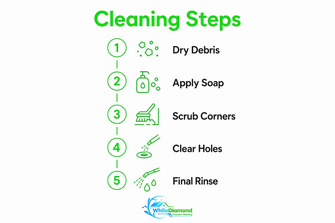 Infographic illustrating five steps of window frame cleaning