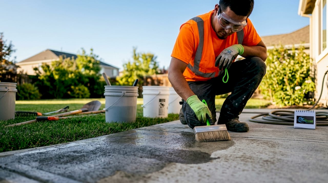 Worker applying acid etching to concrete driveway