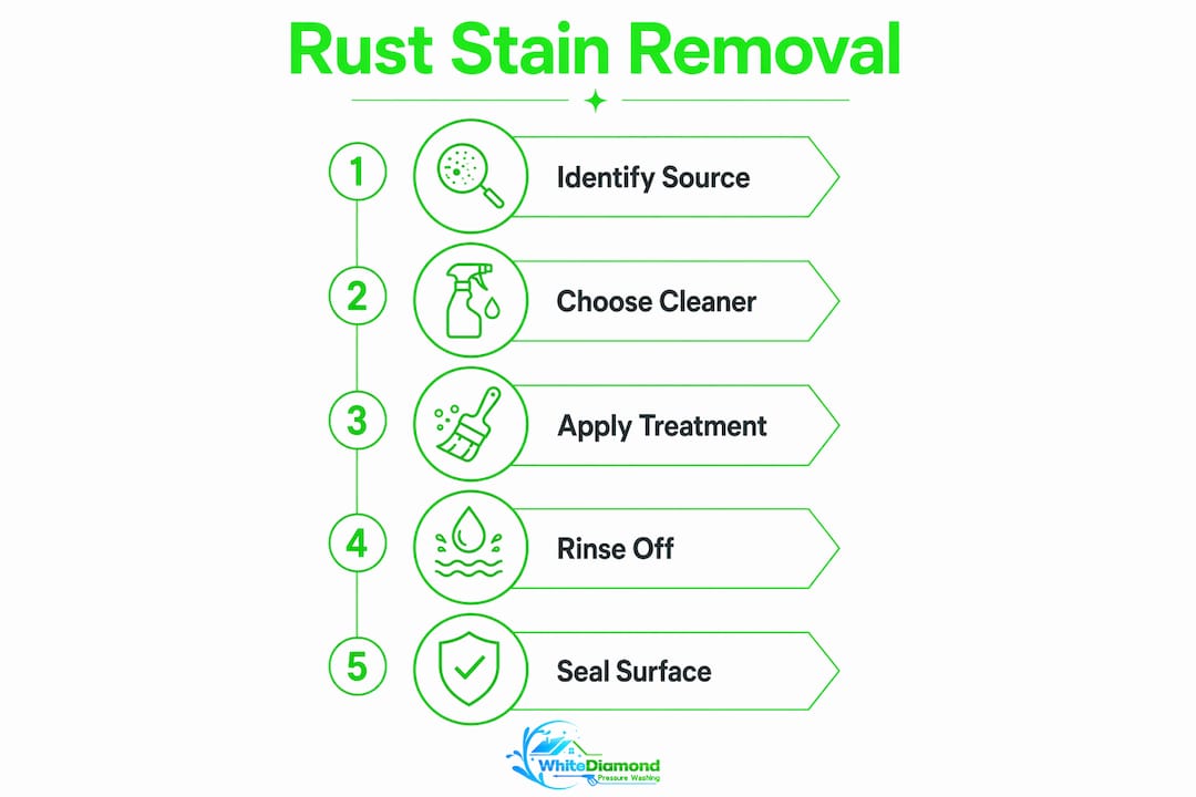 Infographic outlining steps to remove and prevent rust stains on driveways